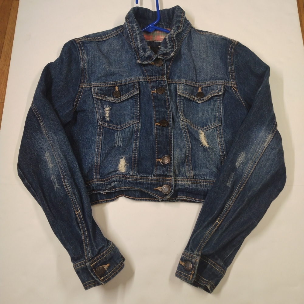 Rue 21 Jean Jacket Rip Torn Crop Denim Juniors Size LG Distressed Blue Cropped